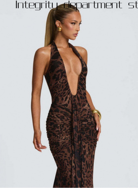 Printed sexy party slim fit dress妹领无袖挂脖绑带长款连衣裙