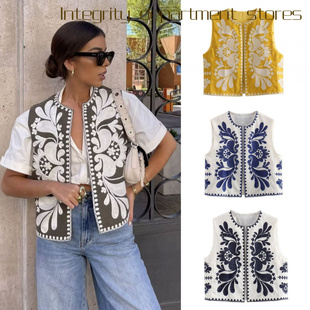 stand collar cotton Casual 无袖 loose jacket爆款 刺绣马 coat