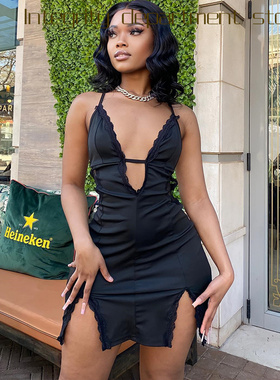 Printed sleeveless sexy suspender dress吊带镂空蕾丝拼接开叉