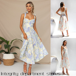dress修身 Floral 显瘦收腰领吊带印 sexy beach print suspender