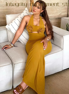 Printed sleeveless sexy suspender dress秋季甜美清新挂脖立体