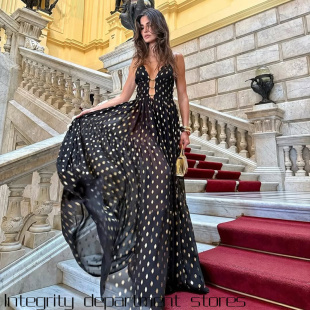 Sexy Straps Dress风波点领度假吊带连衣裙镂空性感晚 Split Lace