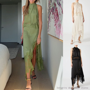 lace short Slim dress无袖 printed skirt 蕾丝开叉两件套 fit