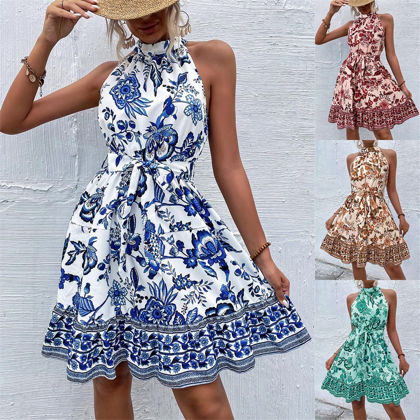 Sexy dress women's slim neck hanging strap print suit夏季时