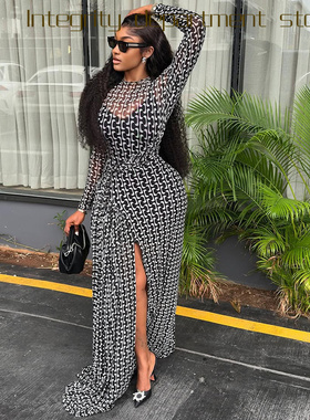 Printed sleeveless sexy suspender dress风气质通勤开叉微透收