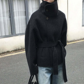 shirt Casual jacke秋冬立领纽扣呢 long sleeved waist cinched