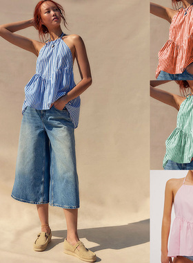 Fashion top short round neck2024Y2K时尚条纹系带露背上衣性感