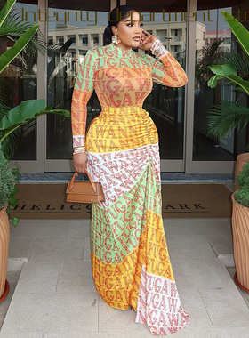 Printed sleeveless sexy suspender dress风印花气质通勤收腰包