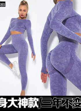 欧美无缝水洗蜜桃提臀瑜伽套装运动跑步训练健身套装性感瑜伽裤