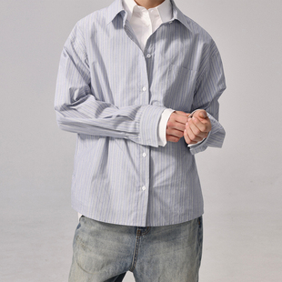 自主AC风格 假两件条纹衬衫纯棉长袖翻领宽松休闲衬衣男女