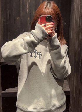 高端产品线CH风格梵文字母刺绣圆领插肩袖休闲套头卫衣宽松男女