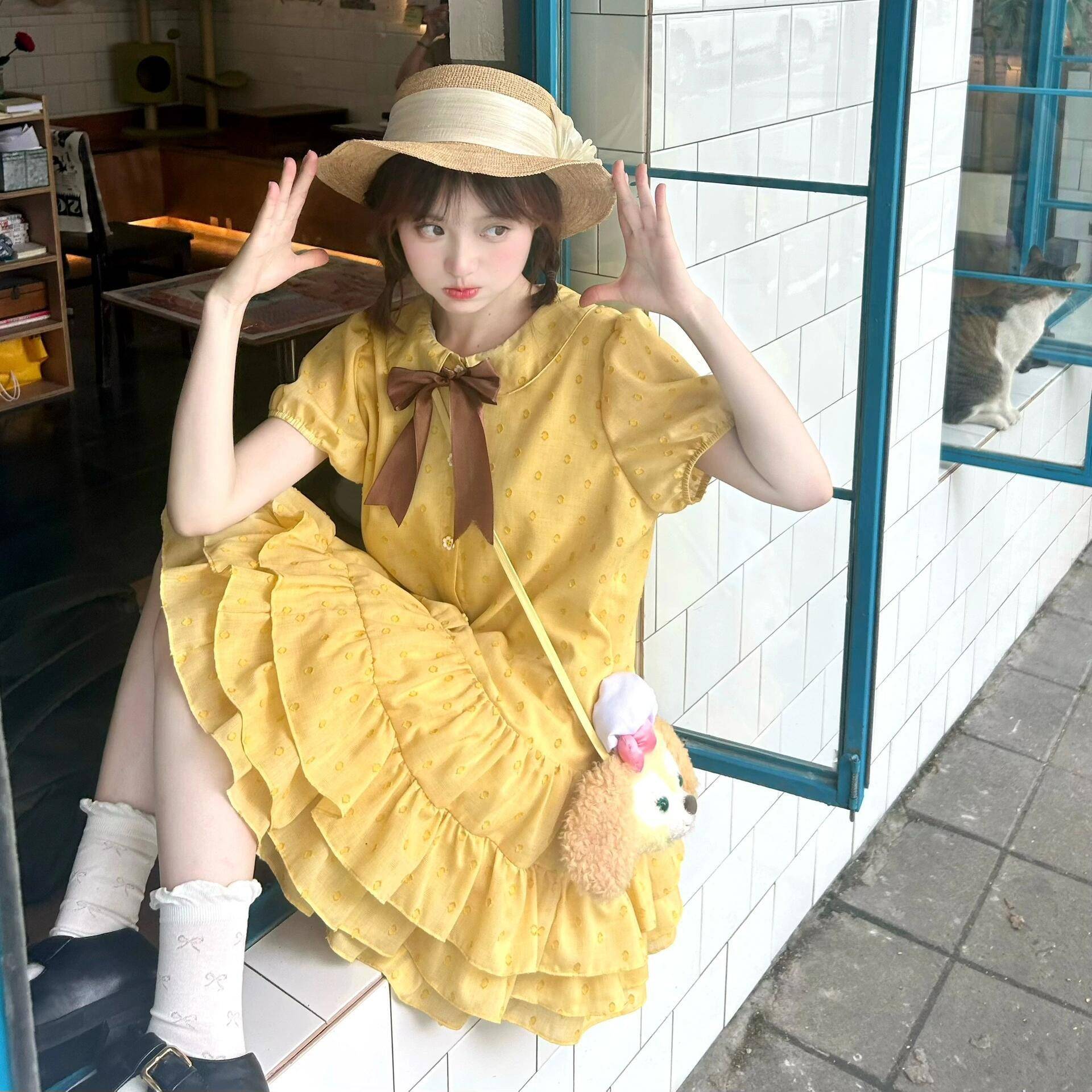 黄色波点夏季连衣裙女2025新款小个子娃娃领夏日甜美可爱宽松裙子