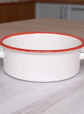 老式搪瓷双耳碗儿童吃饭碗家用面碗平底深型餐盘汤盆水果盆双耳锅