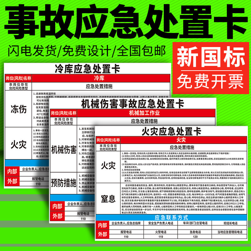 应急处置卡事故岗位紧急联系卡火灾事故烤箱现场安全风险告知卡牌气体危险化学品泄漏有限空间处置方案标识牌 - 实物图