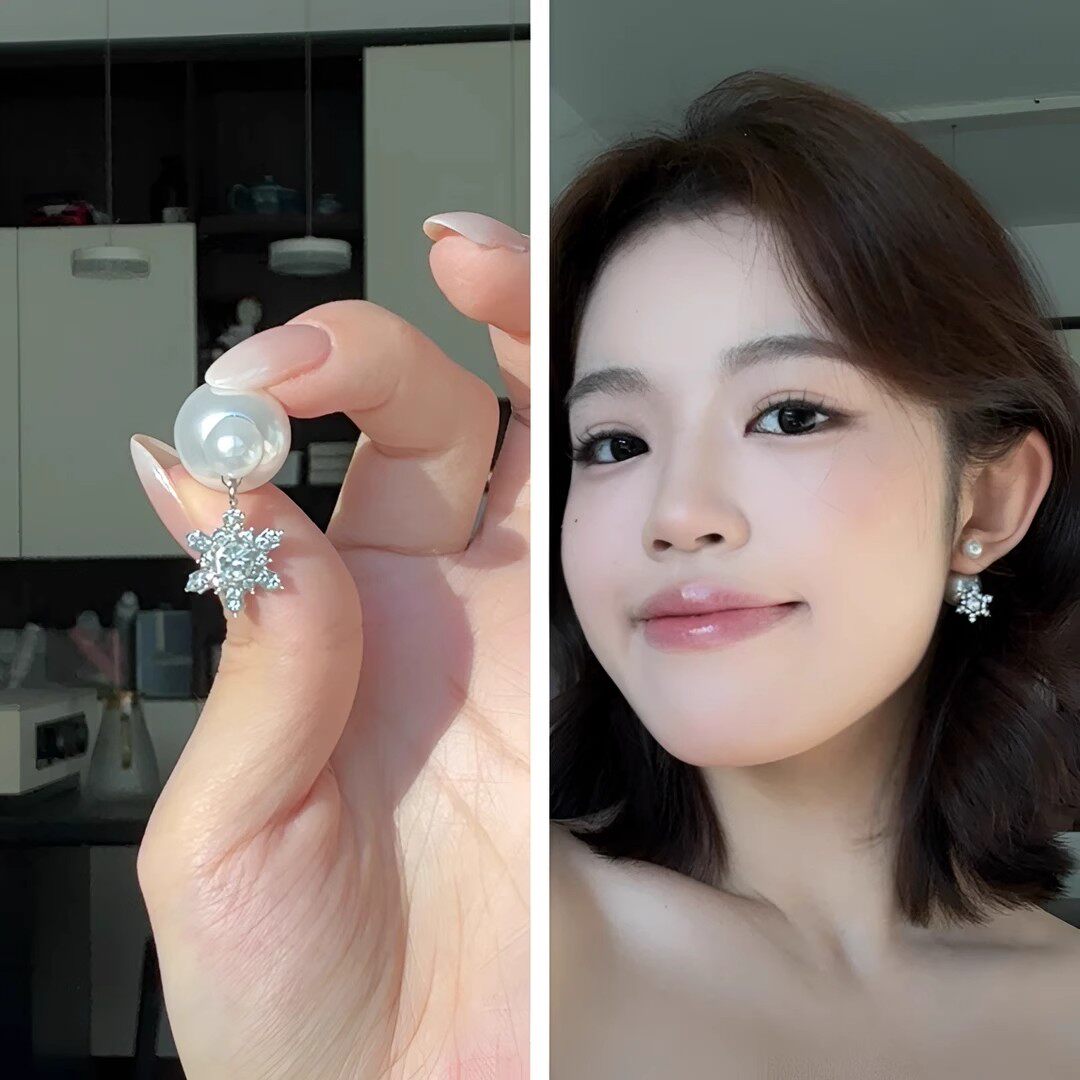 【下单立减50】合金仿珍珠耳饰轻奢小众设计感后挂式雪花珍珠QH