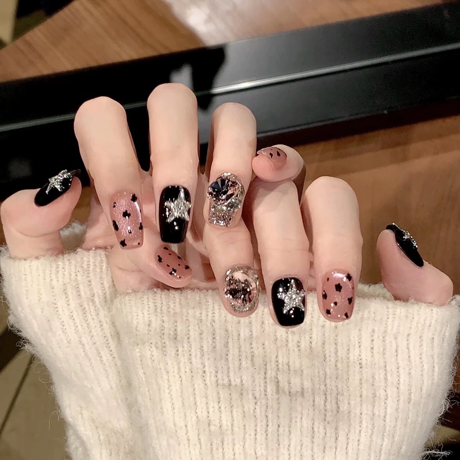 【粉色豹纹】甜酷辣妹爆闪星星黑粉色豹纹猫眼堆钻秋日显白纯手工