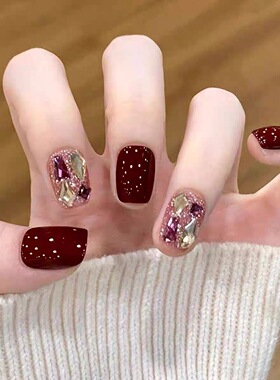 【酒红满钻】气质复古酒红高级感短甲满钻爆闪红色手工新年穿戴甲