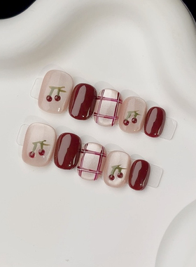 【红了樱桃】红色棋盘猫眼美甲纯手工新年战甲穿戴甲可重复使用