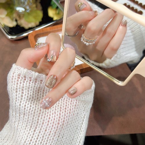 [千金小香风]秋冬网红爆款气质棕猫眼光疗手工美甲假指甲