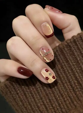 [法式小花]手工穿戴甲日常短款手绘红色显白美甲贴片复古风美甲