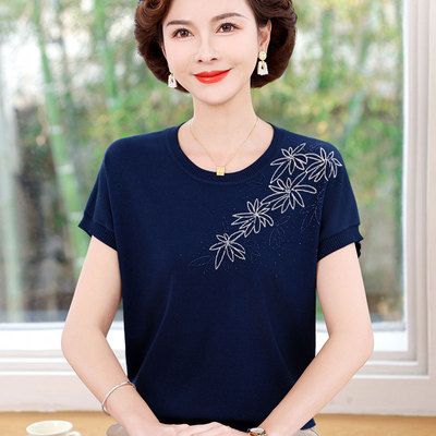 母亲节妈妈装夏装冰丝短袖t恤时尚阔太太50岁百搭小衫中老年上衣