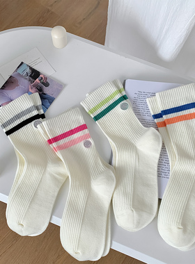 袜子女夏中筒袜二杠白色笑脸刺绣百搭配瑜伽裤运动纯棉吸汗春秋款