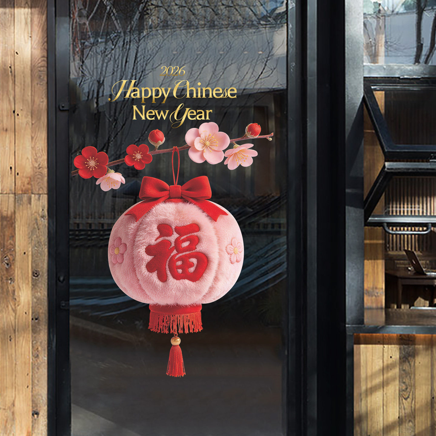 新年装饰窗花2026马年春节窗贴过年店铺橱窗粉色灯笼静电玻璃贴纸,家居饰品,软装墙贴,淘宝优惠券,粉丝福利购,淘宝优惠卷