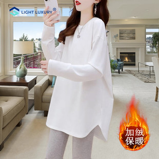 加绒T恤不规则宽松遮屁股搭鲨鱼裤 女中长款 上衣 打底衫 白色长袖