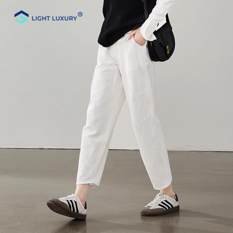 简约感纯色高腰休闲裤女2025春季新款弯刀型九分哈伦裤棉麻白裤子