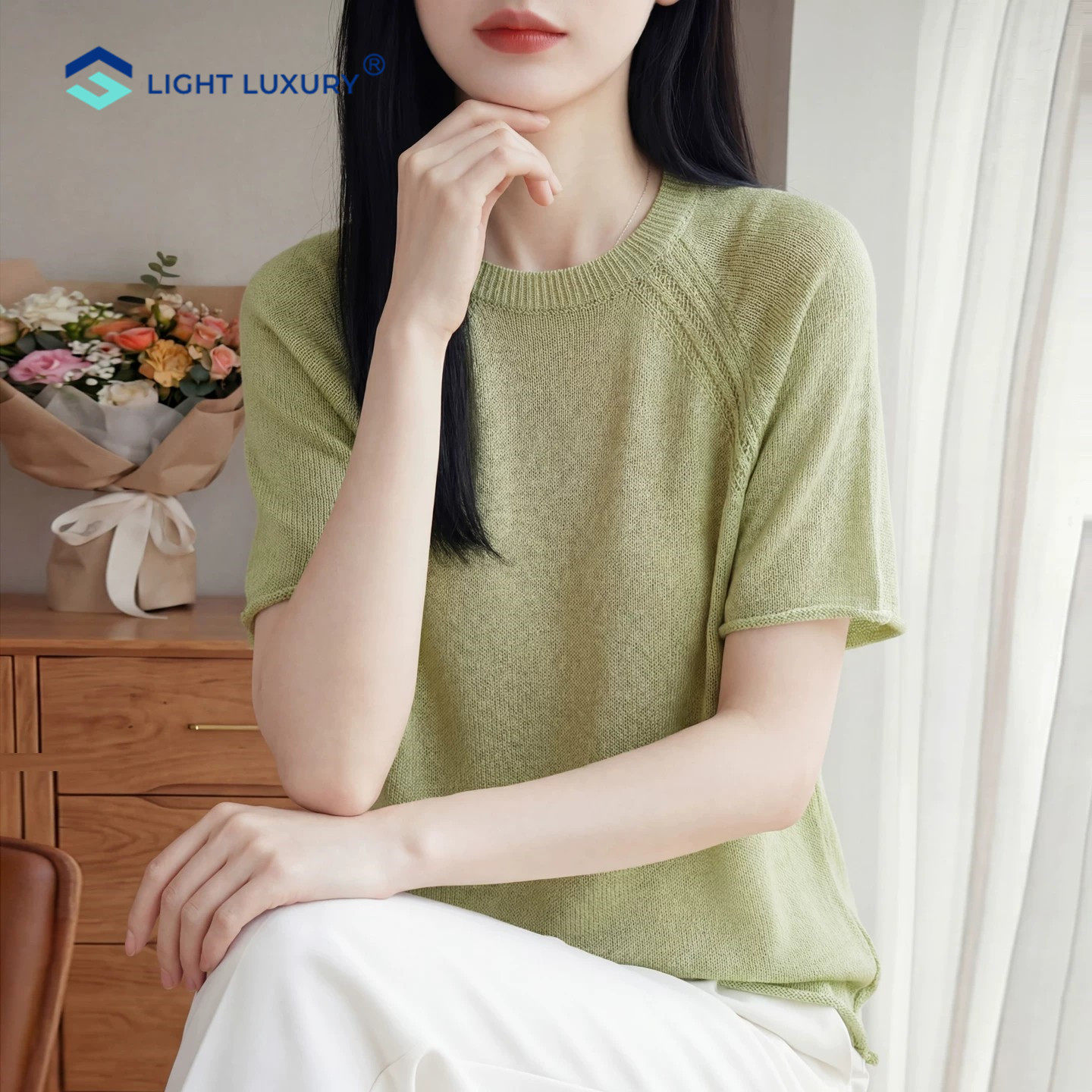 针织短袖T恤女凉感插肩袖薄款