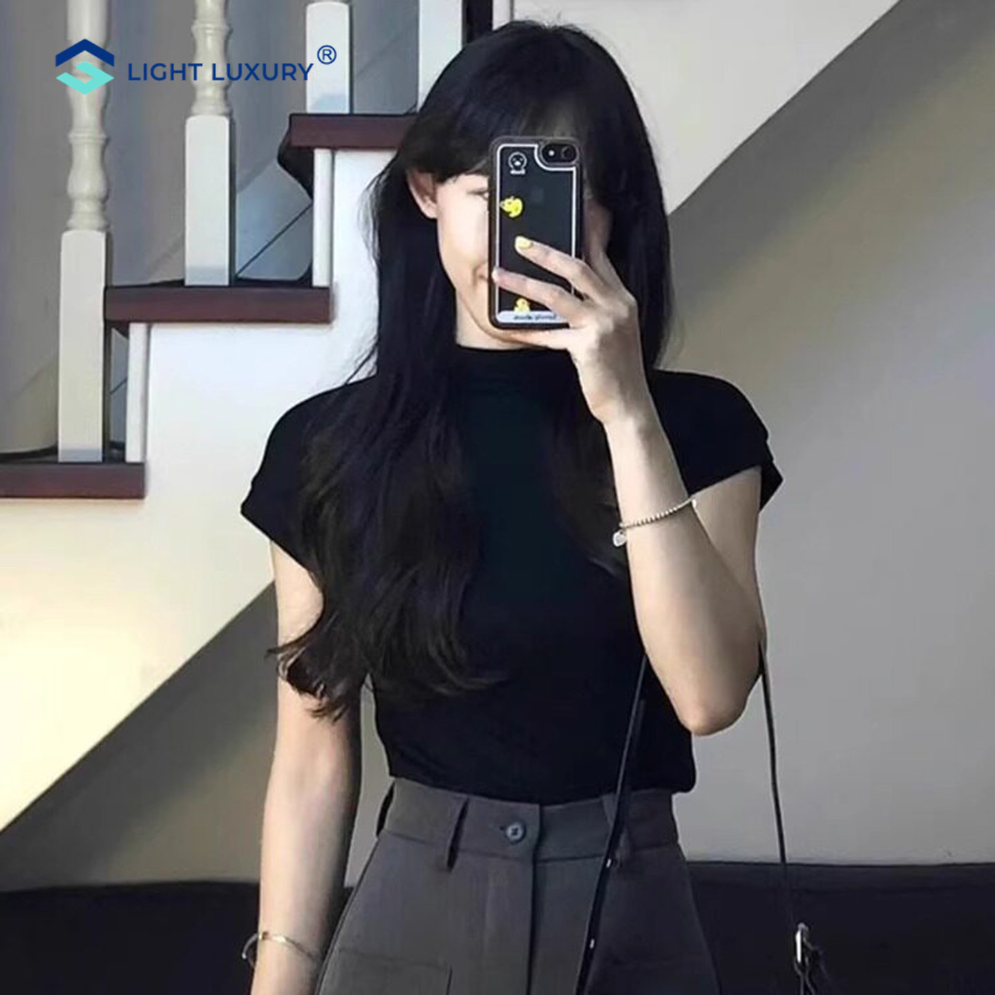 半高领黑色针织短袖t恤女辣妹