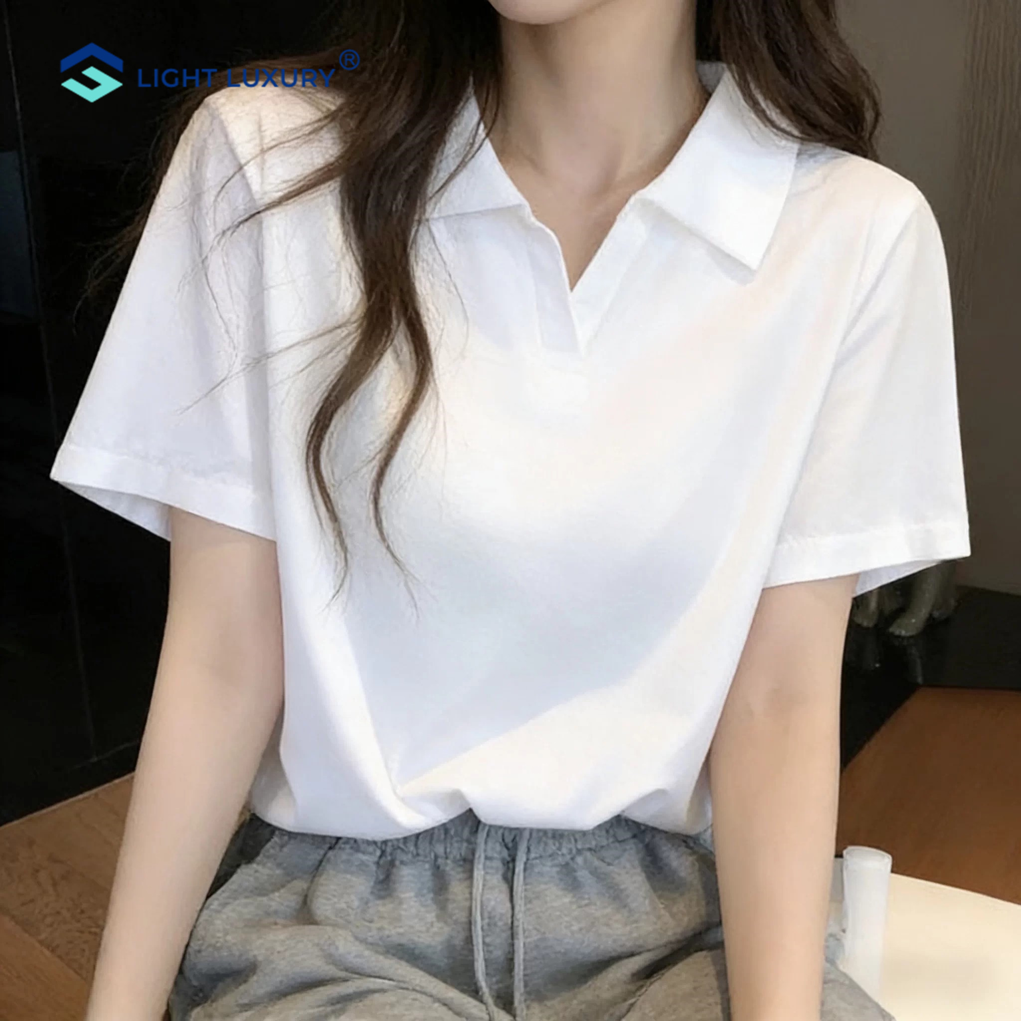 Polo领短袖t恤女宽松透气修身