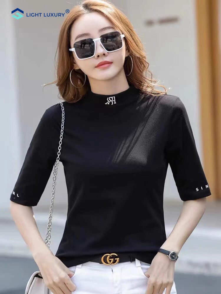 五分袖T恤女春欧洲站女装2025新款黑色字母半高领中袖内搭打底衫