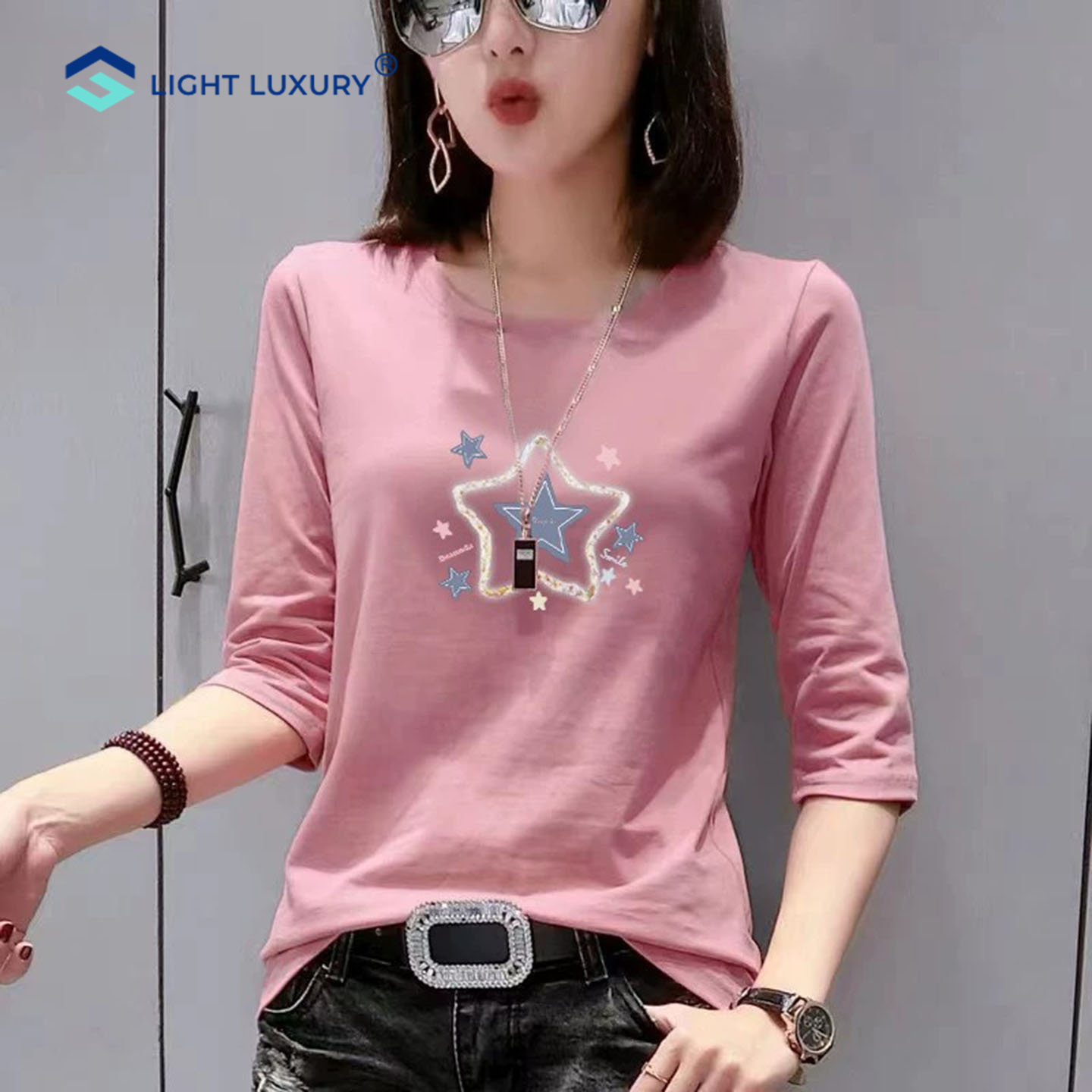 豆沙色七分袖t恤女宽松减龄上衣