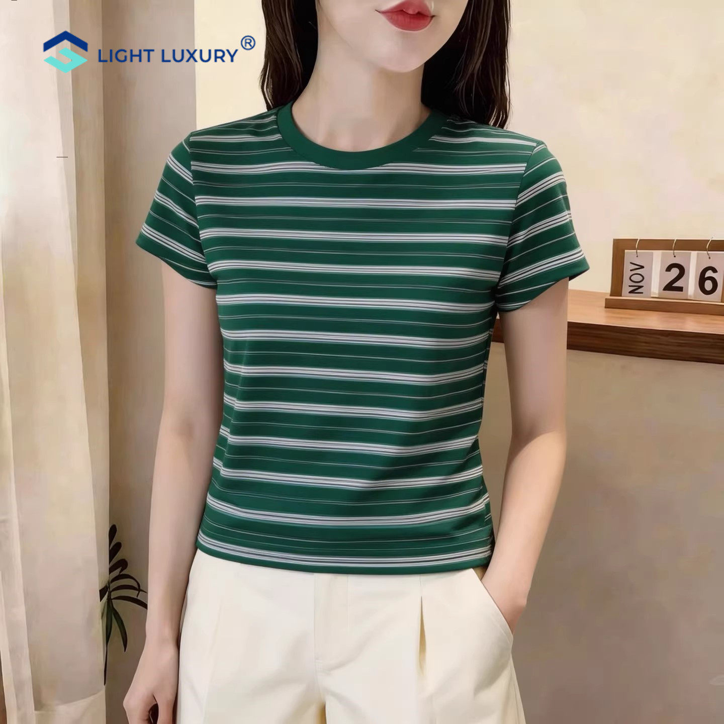 撞色条纹短袖T恤女显瘦绿色经典