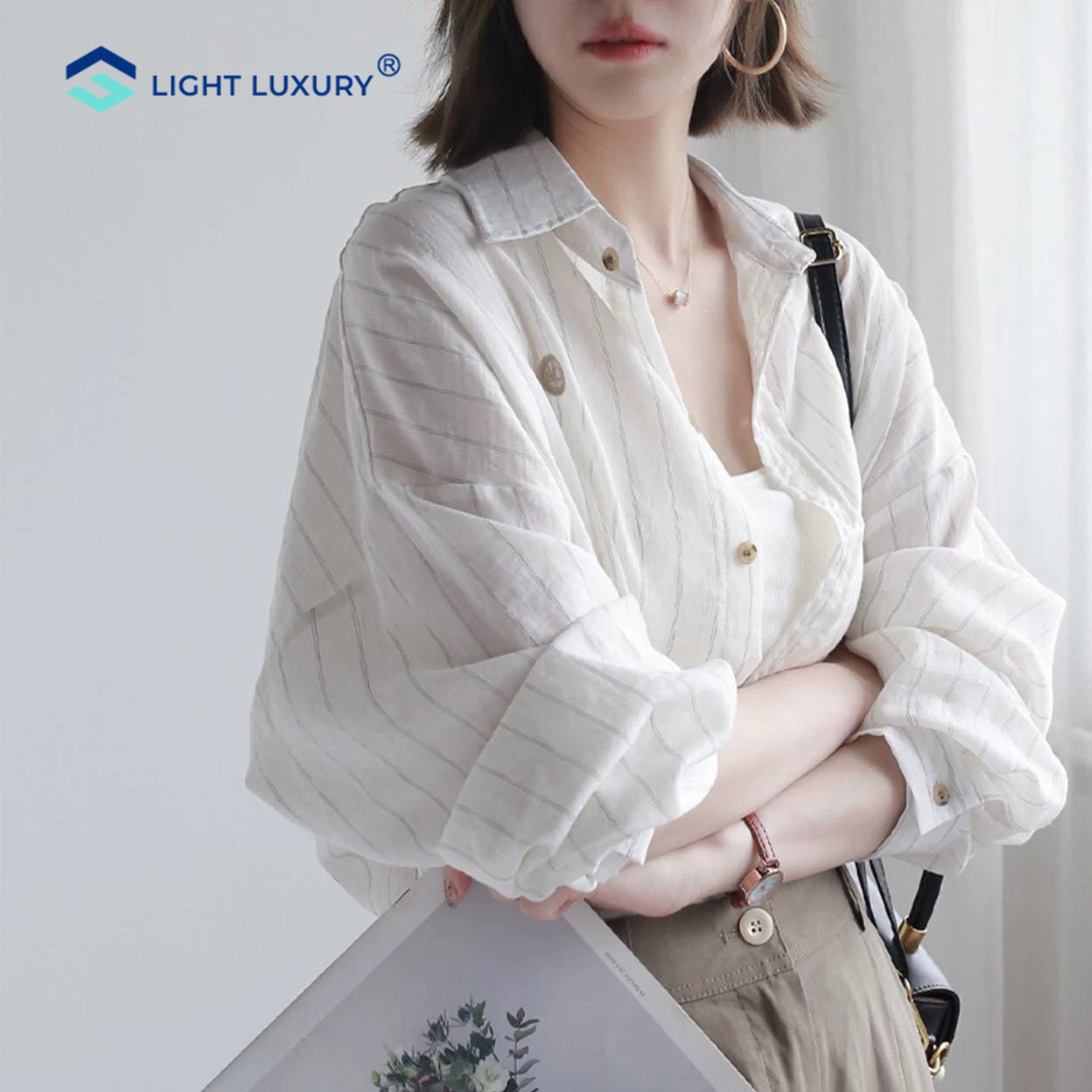 白色条纹衬衫外套女宽松防晒衬衣