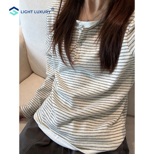 亨利领条纹打底衫女假两件长袖T恤复古正肩内搭宽松慵懒小众上衣