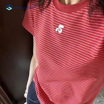红色条纹短袖T恤女夏季薄款轻奢