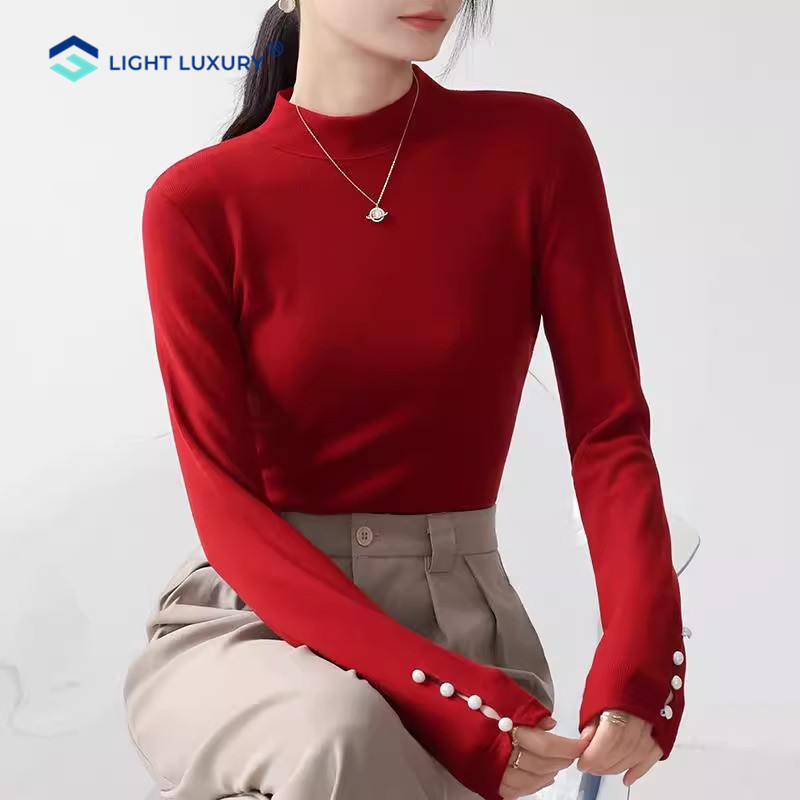 半高领T恤女高级感珍珠新年上衣