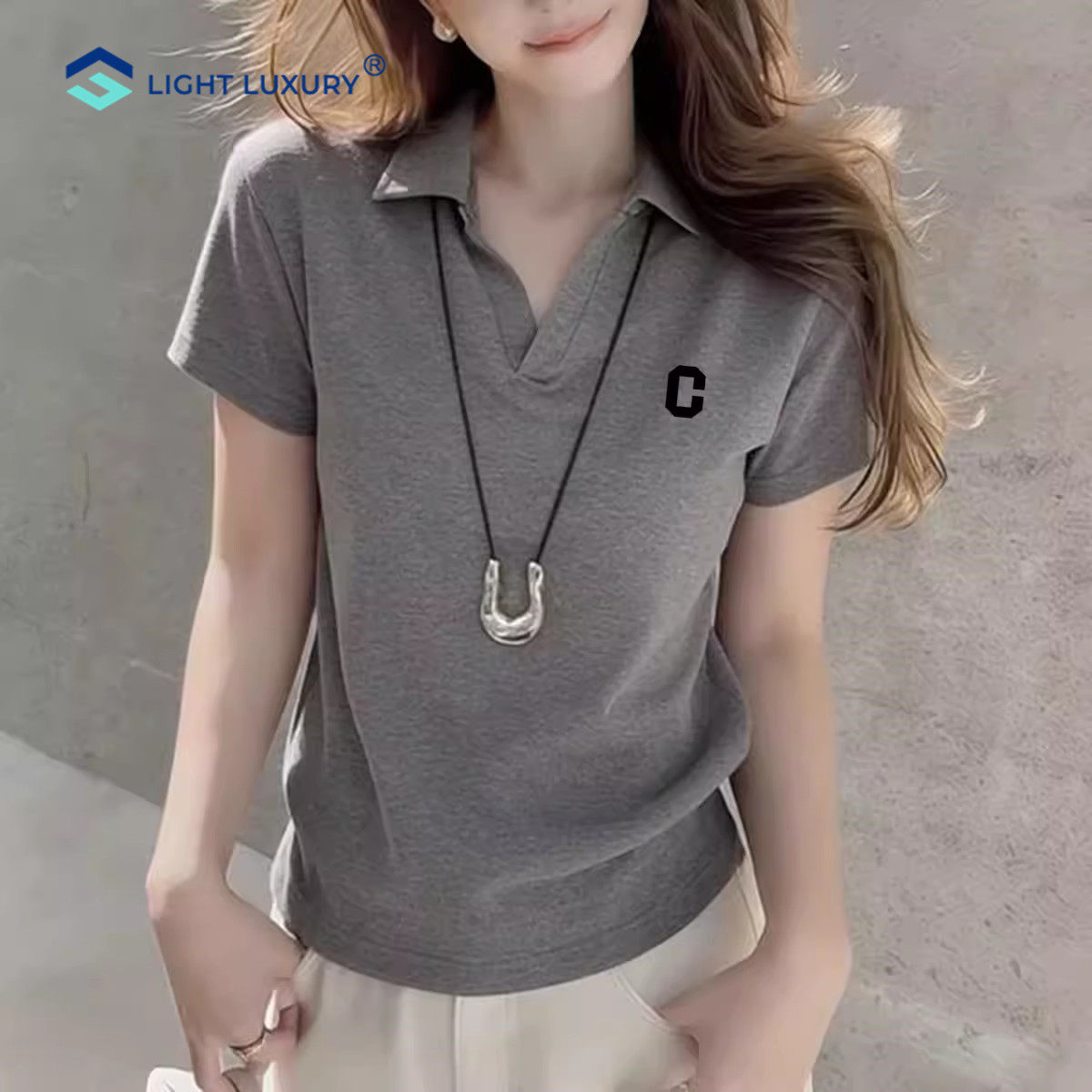 翻领短袖T恤女夏季新款简约修身设计感上衣正肩V领打底POLO衫