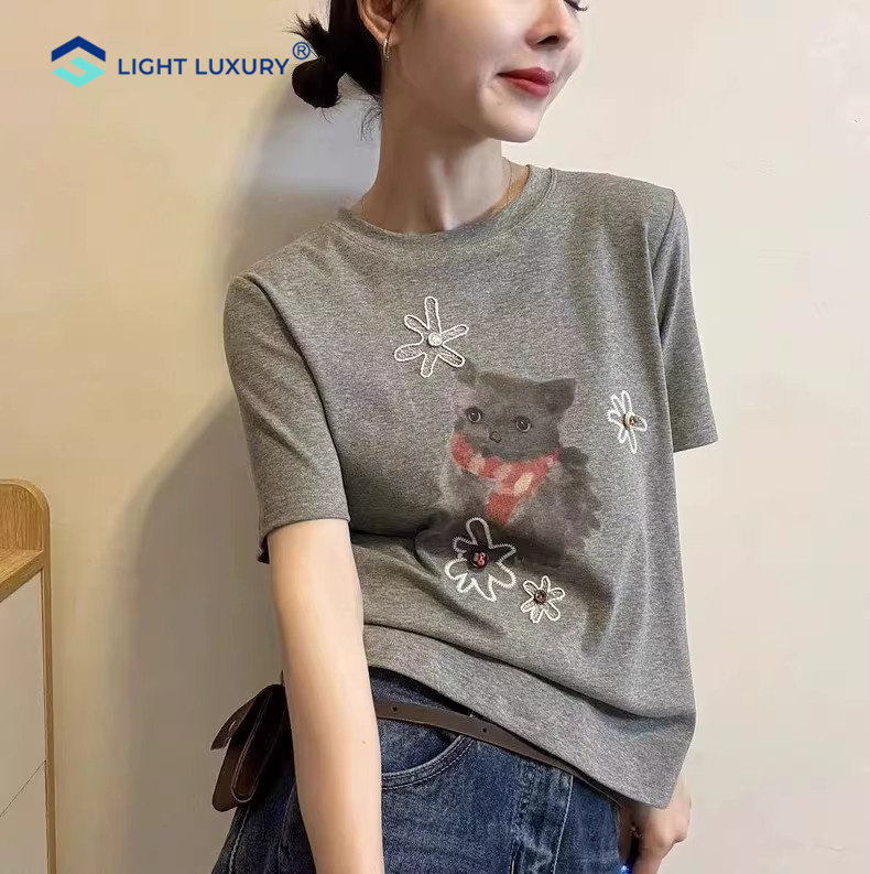 灰色短袖t恤女超火减龄印花短款