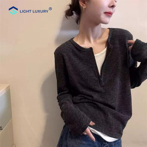 半拉链打底衫女假两件长袖T恤