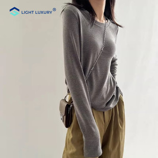 格雷灰色长袖T恤女早春软糯舒适圆领垂顺上衣百搭纯色正肩打底衫