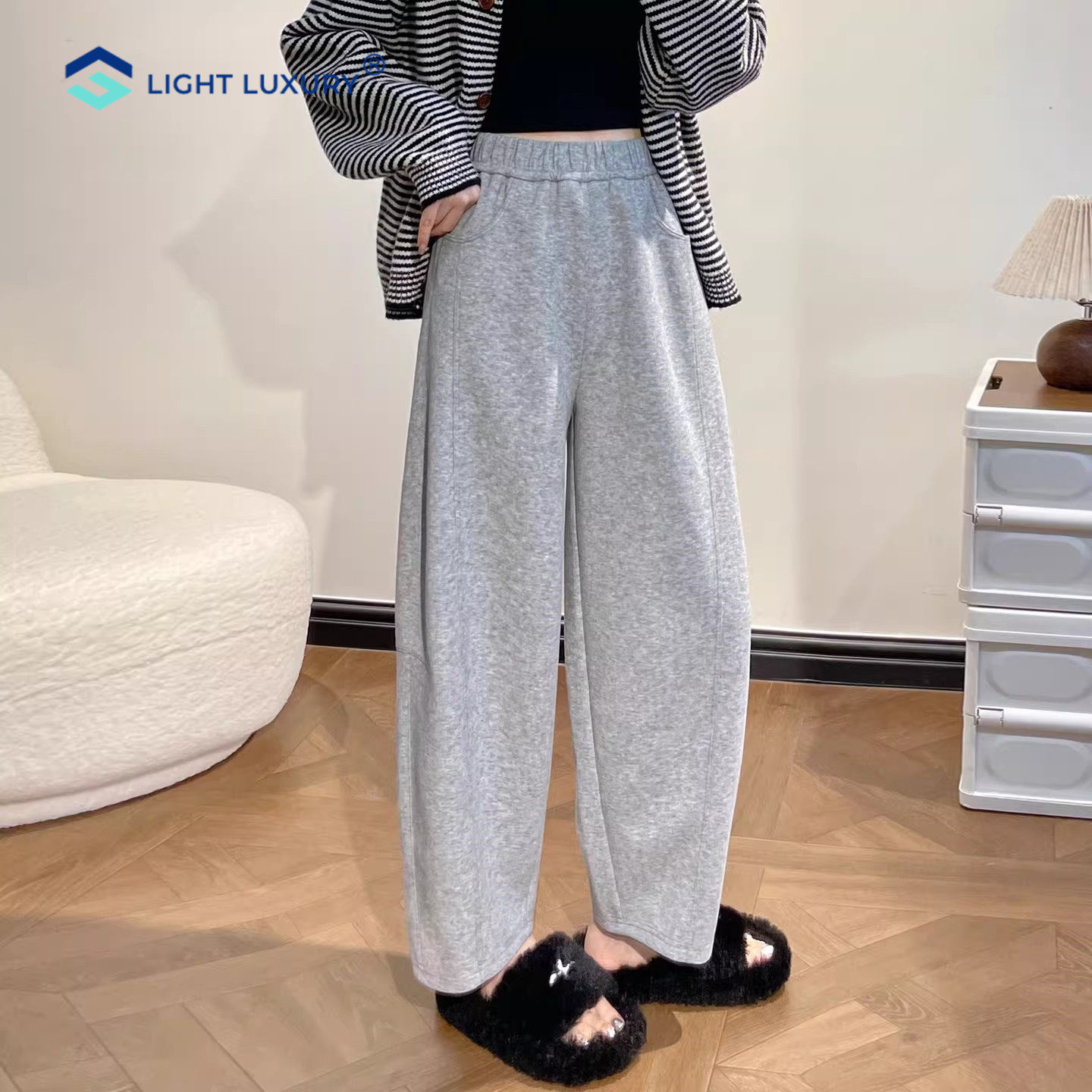 灰色气球裤女2026春秋新款小个子香蕉阔腿裤遮肉显瘦运动弯刀裤子