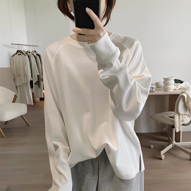 白色插肩袖T恤女宽松慵懒风内搭打底衫休闲简约开叉长袖圆领上衣