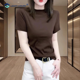 时髦洋气宽松显瘦内搭体恤高级轻奢上衣 新款 半高领短袖 t恤女夏季