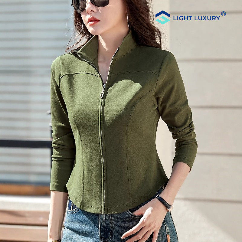 拉链立领T恤女2026洋气百搭棉质长袖上衣修身正肩运动开衫外套