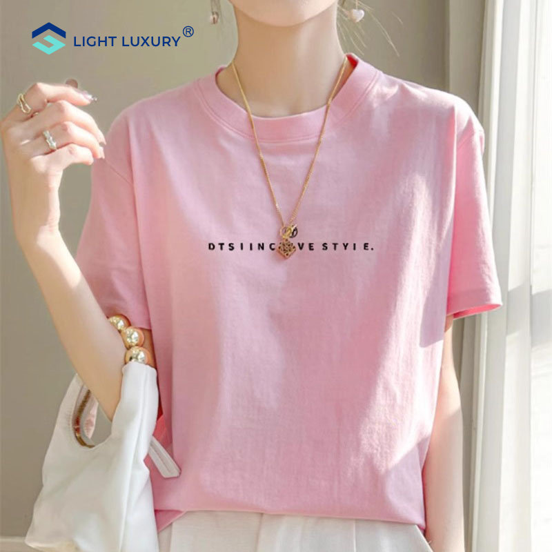 粉色短袖t恤女2025春夏新款减龄显瘦设计感内搭体恤宽松正肩上衣