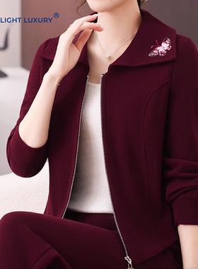 运动服套装女春秋新款小个子妈妈洋气外套中老年人本命年红色上衣