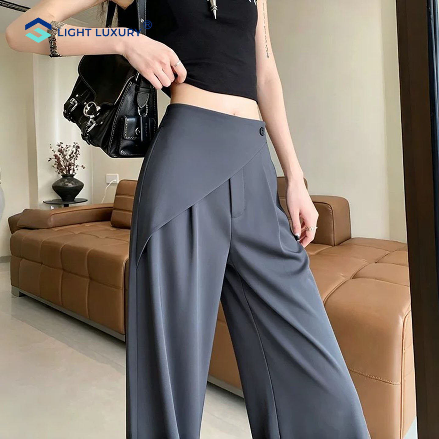 灰色屁帘西装裤女宽松垂感阔腿裤图片
